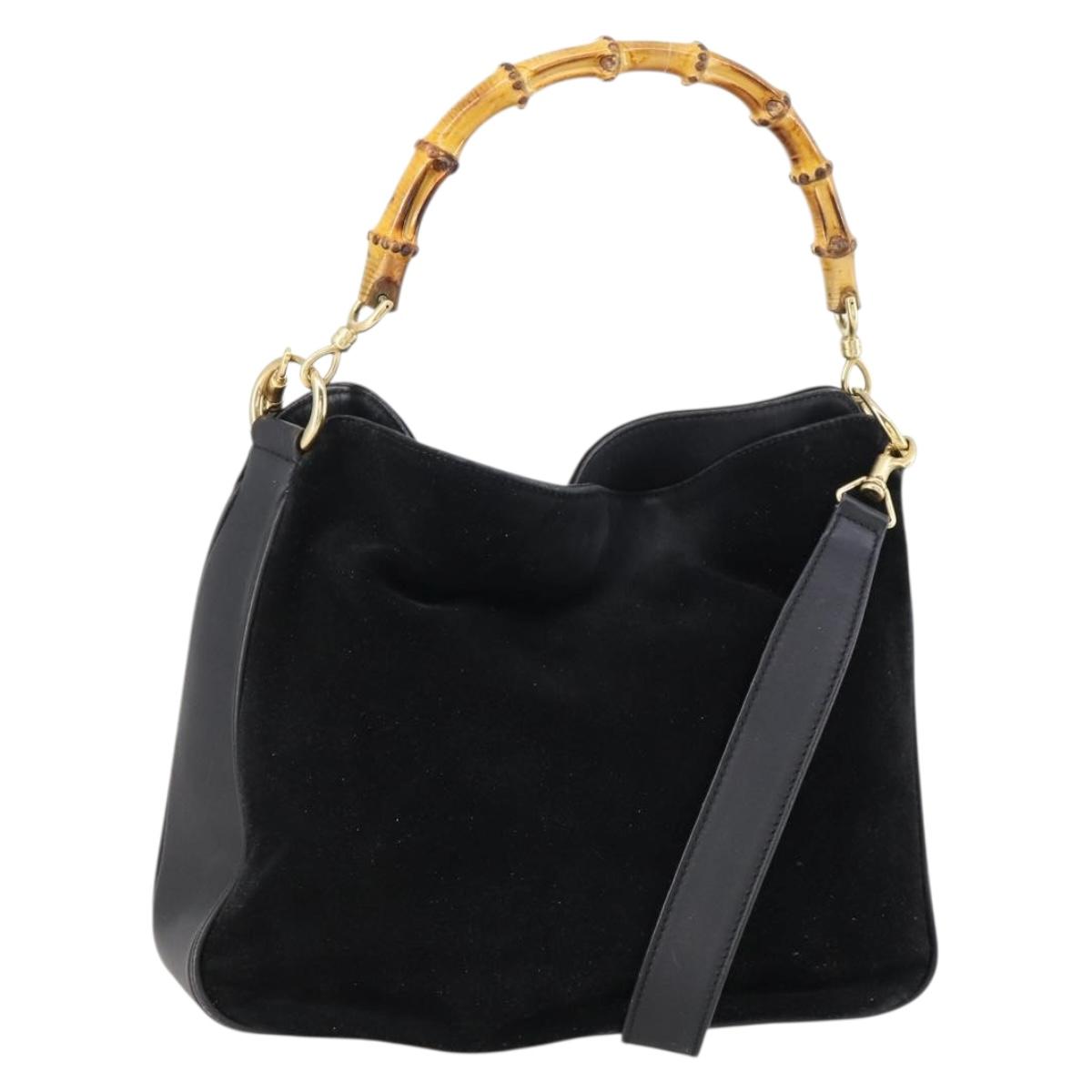 GUCCI Bamboo Hand Bag Suede Leather 2way Black Gold 001 3444 1638 Auth th6369
