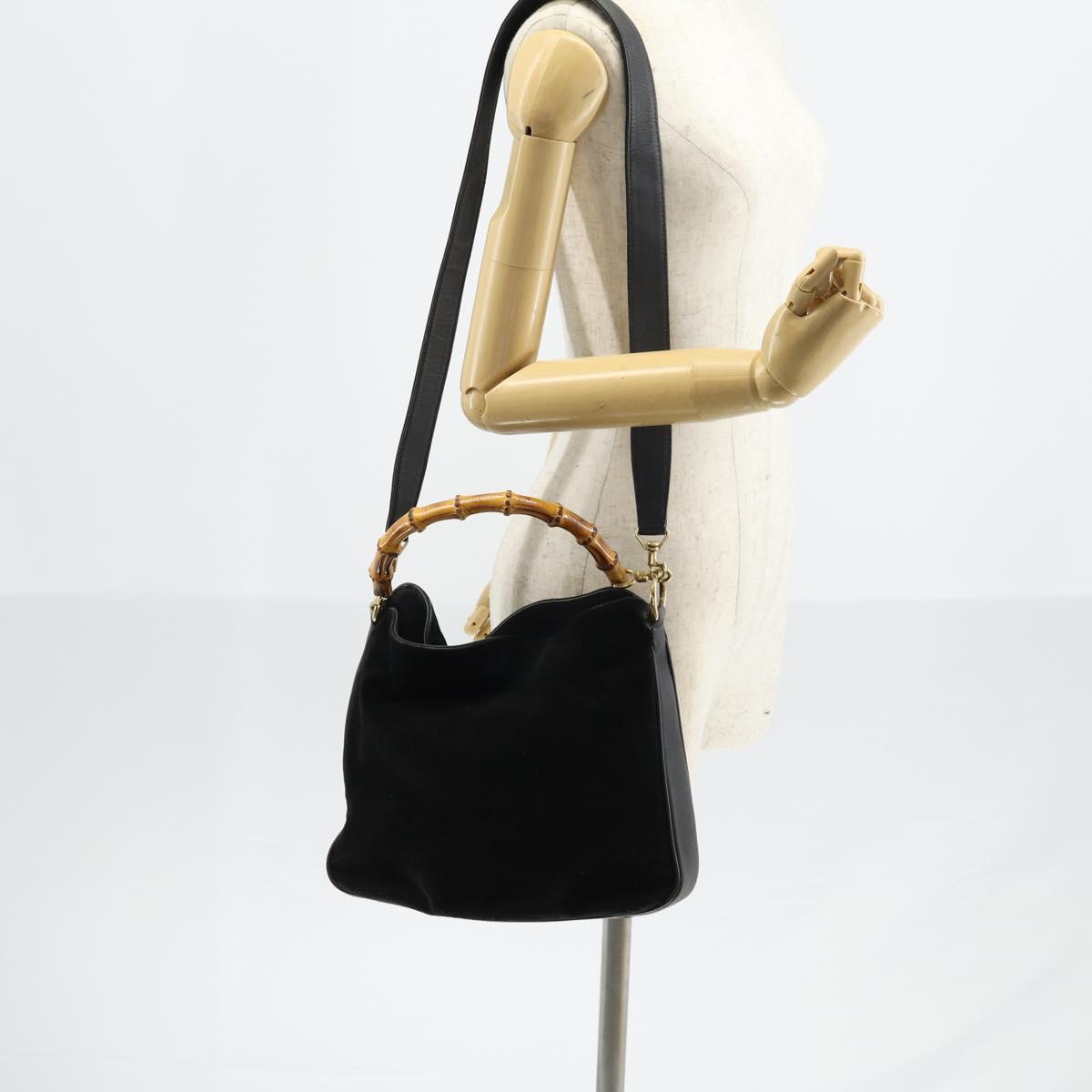 GUCCI Bamboo Hand Bag Suede Leather 2way Black Gold 001 3444 1638 Auth th6369