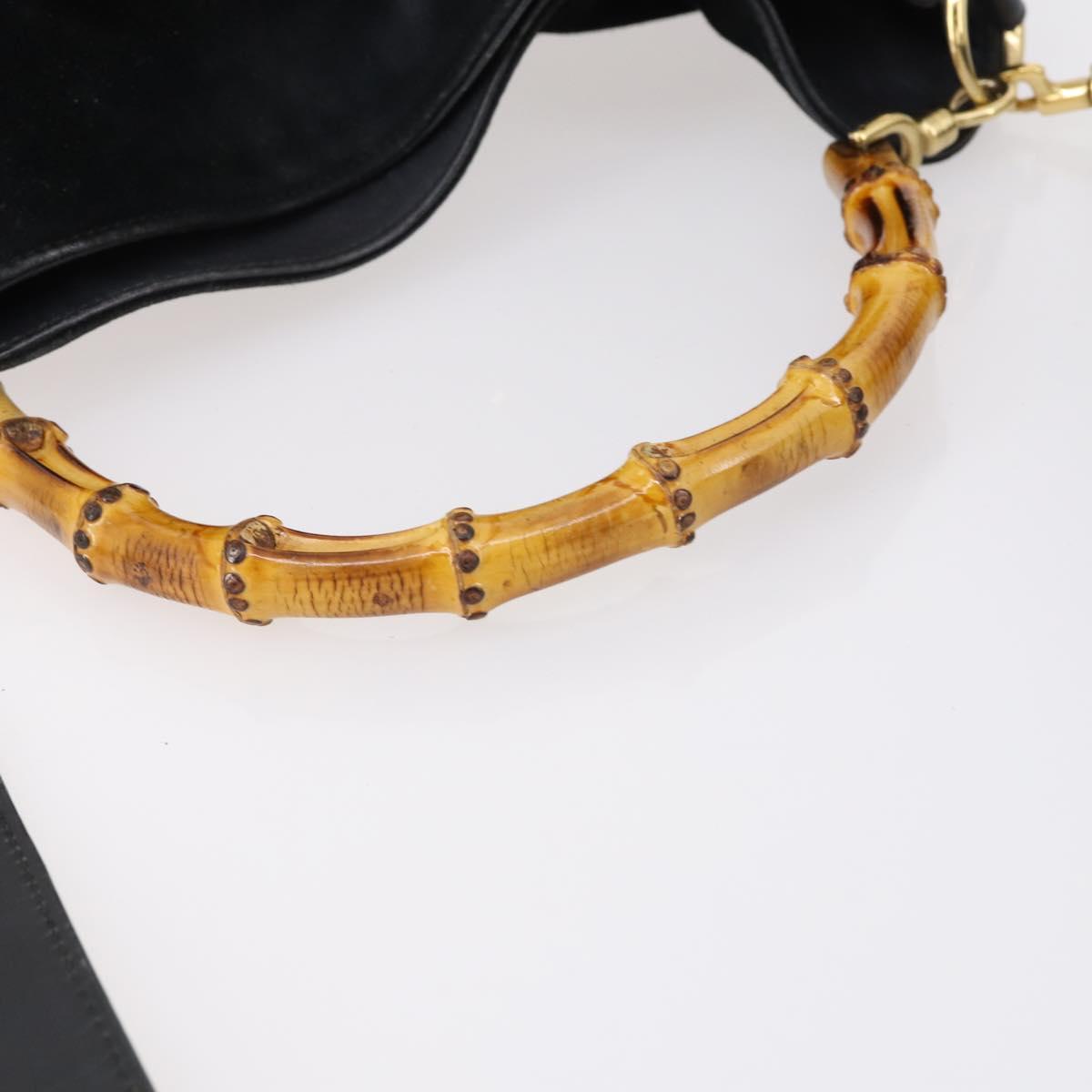 GUCCI Bamboo Hand Bag Suede Leather 2way Black Gold 001 3444 1638 Auth th6369