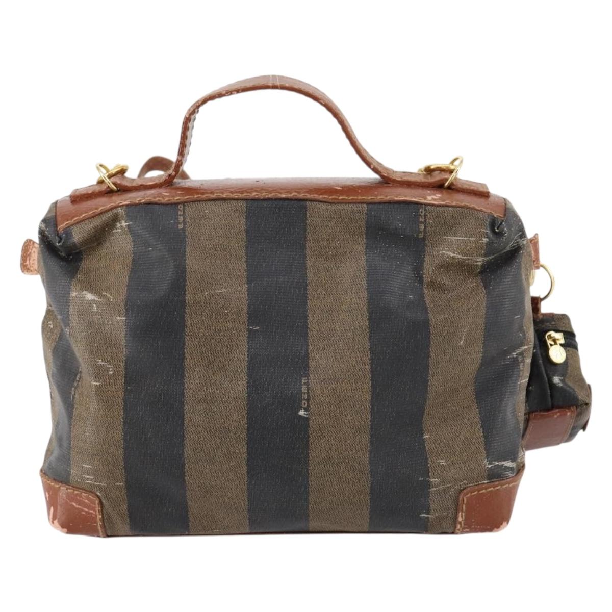 FENDI Pecan Canvas Hand Bag PVC 2way Black Brown Auth th6378