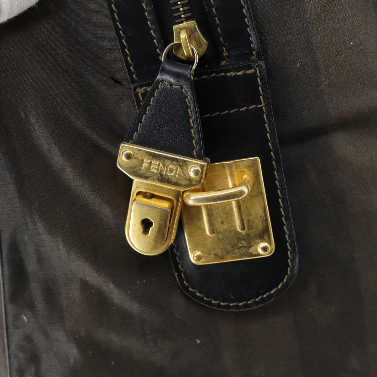 FENDI Pecan Canvas Boston Bag PVC 2way Black Brown gold Auth th6392