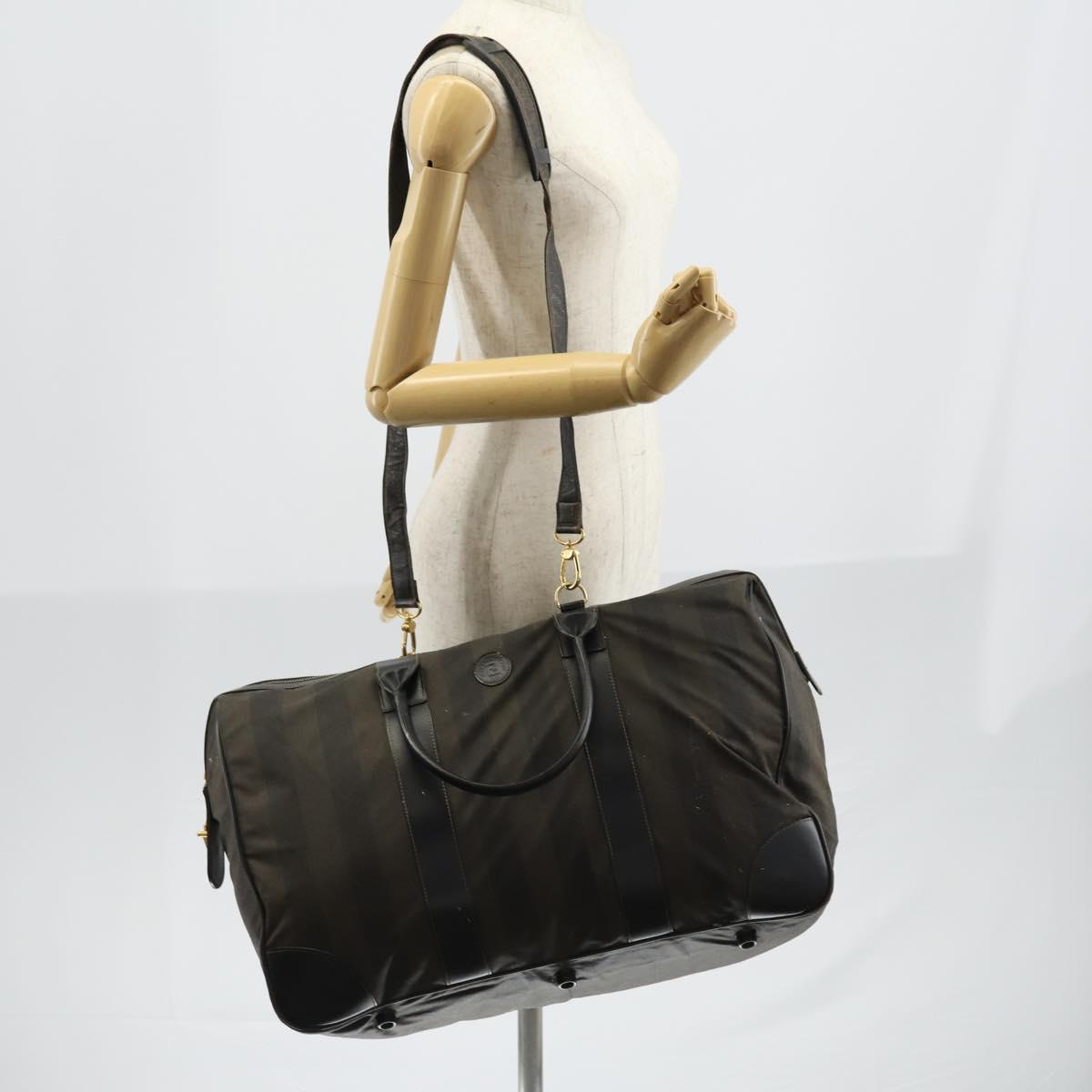 FENDI Pecan Canvas Boston Bag PVC 2way Black Brown gold Auth th6392