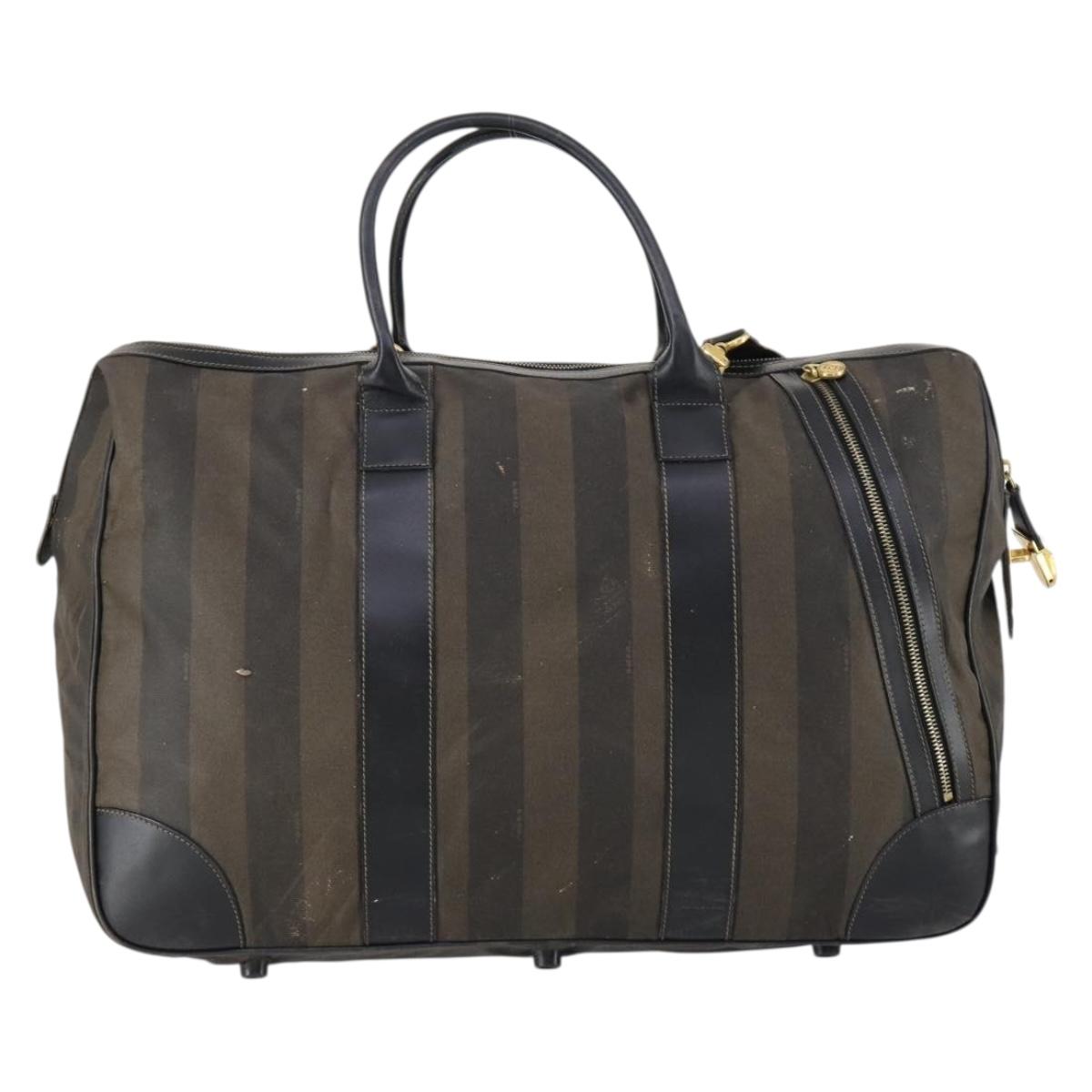 FENDI Pecan Canvas Boston Bag PVC 2way Black Brown gold Auth th6392