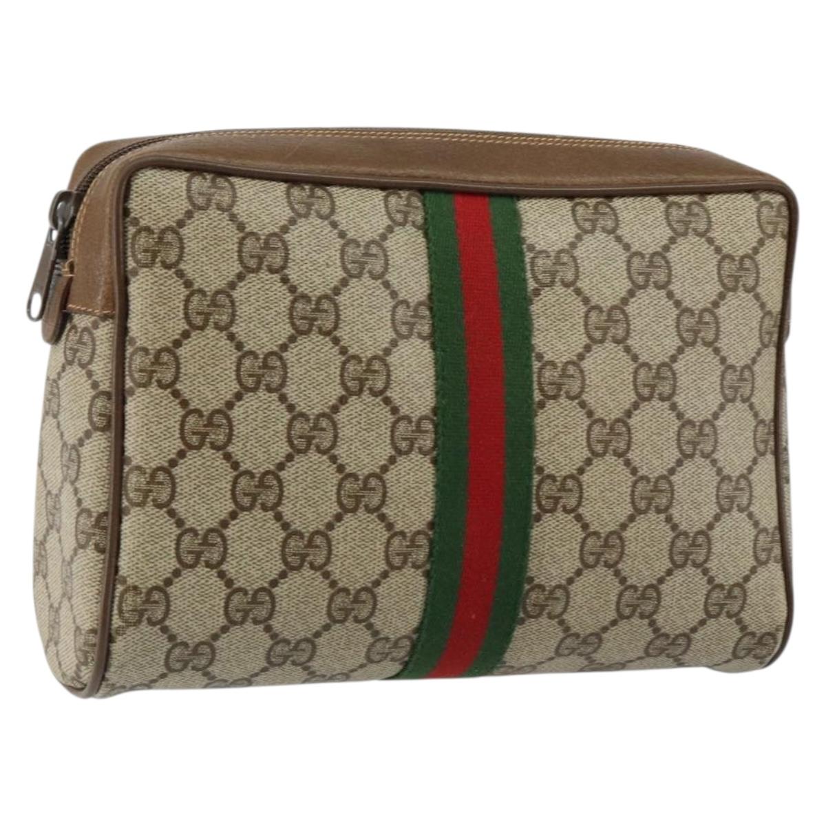 GUCCI GG Canvas Web Sherry Line Clutch Bag PVC Leather Beige Green Auth th6400