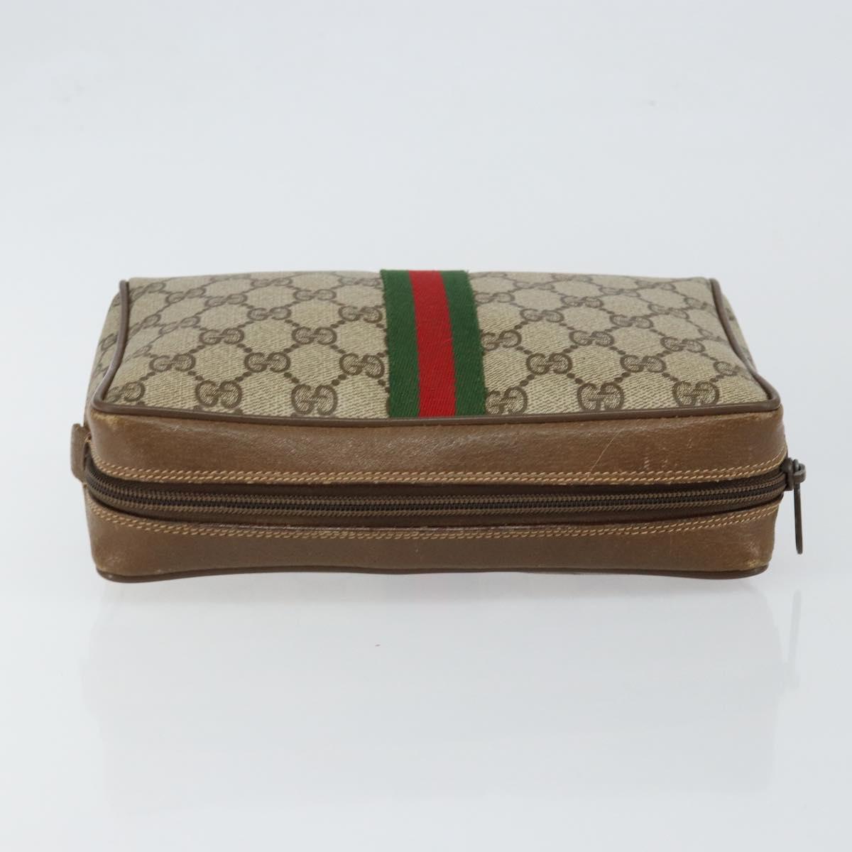 GUCCI GG Canvas Web Sherry Line Clutch Bag PVC Leather Beige Green Auth th6400