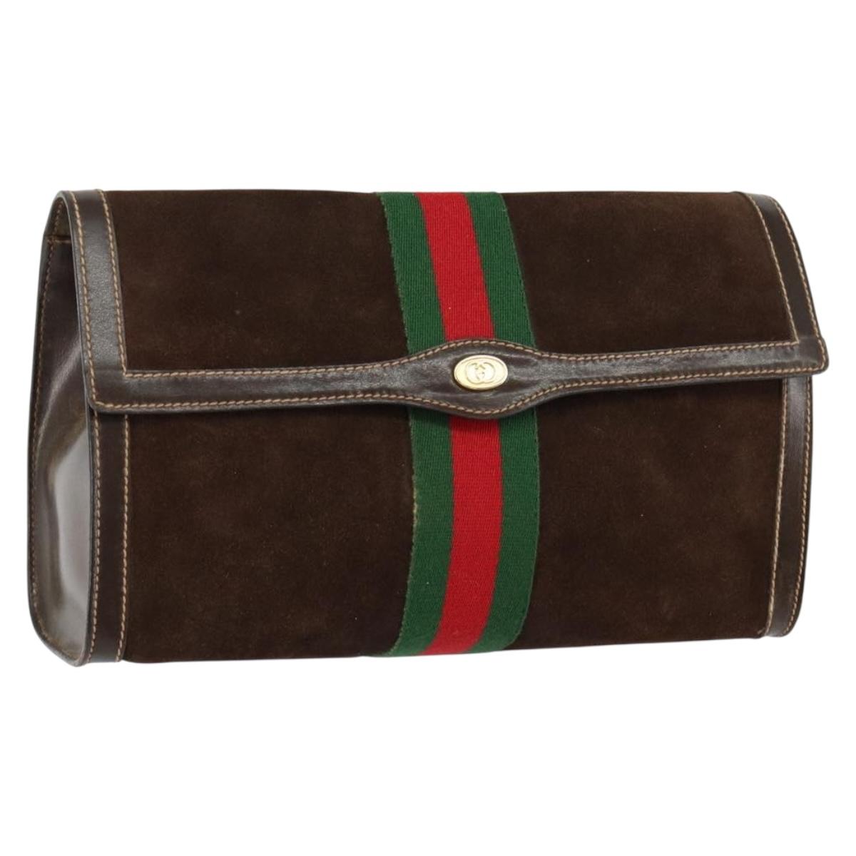 GUCCI Sherry Line Clutch Bag Suede Brown Green Red Auth th6403
