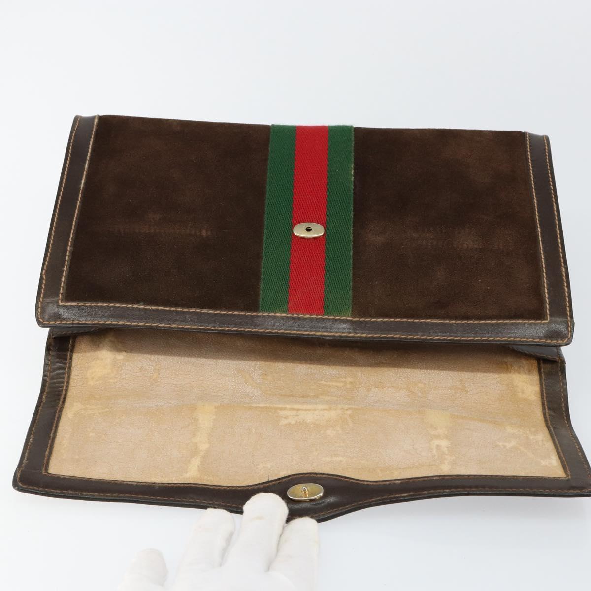 GUCCI Sherry Line Clutch Bag Suede Brown Green Red Auth th6403
