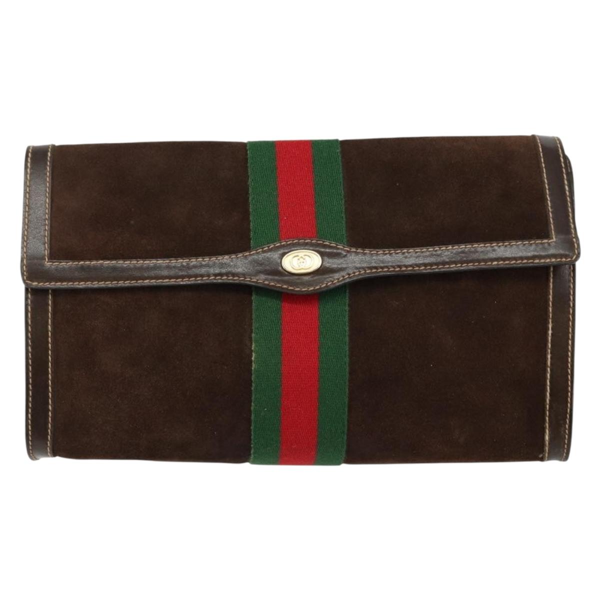 GUCCI Sherry Line Clutch Bag Suede Brown Green Red Auth th6403