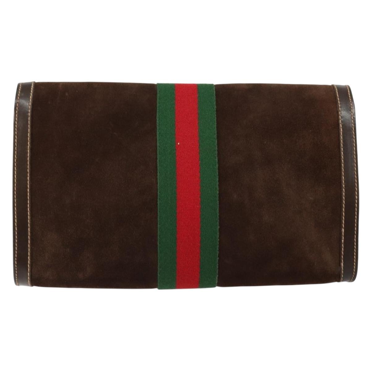 GUCCI Sherry Line Clutch Bag Suede Brown Green Red Auth th6403