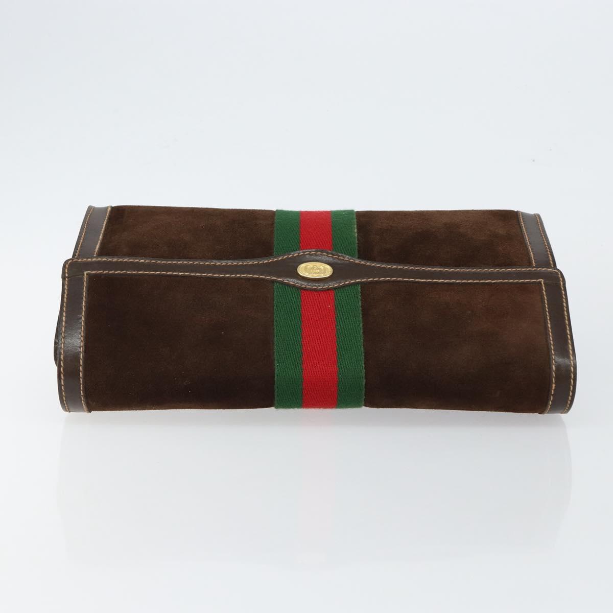 GUCCI Sherry Line Clutch Bag Suede Brown Green Red Auth th6403