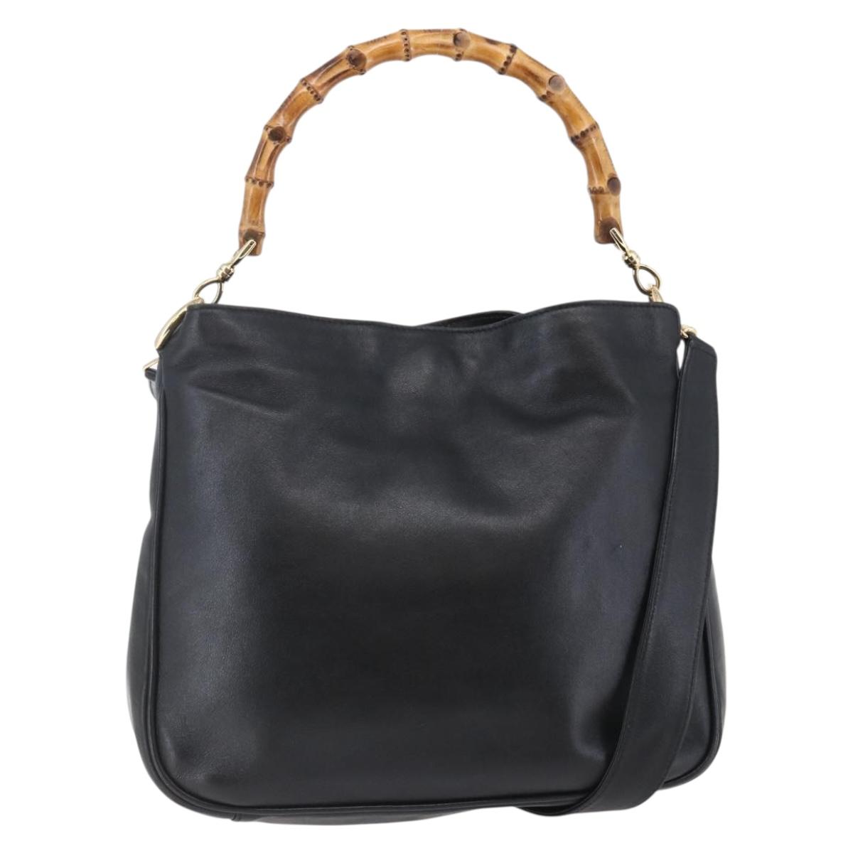 GUCCI Bamboo Shoulder Bag Leather 2way Black Auth th6418
