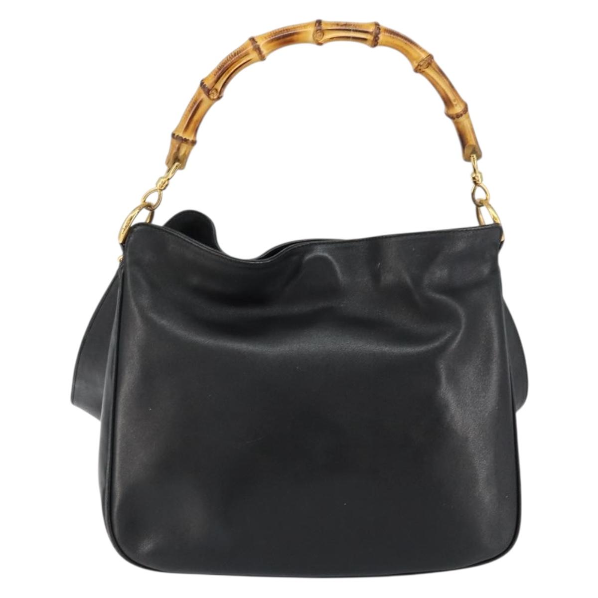 GUCCI Bamboo Hand Bag Leather 2way Black Gold 001 2113 1638 Auth th6469