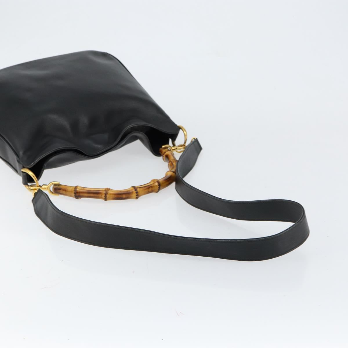GUCCI Bamboo Hand Bag Leather 2way Black Gold 001 2113 1638 Auth th6469