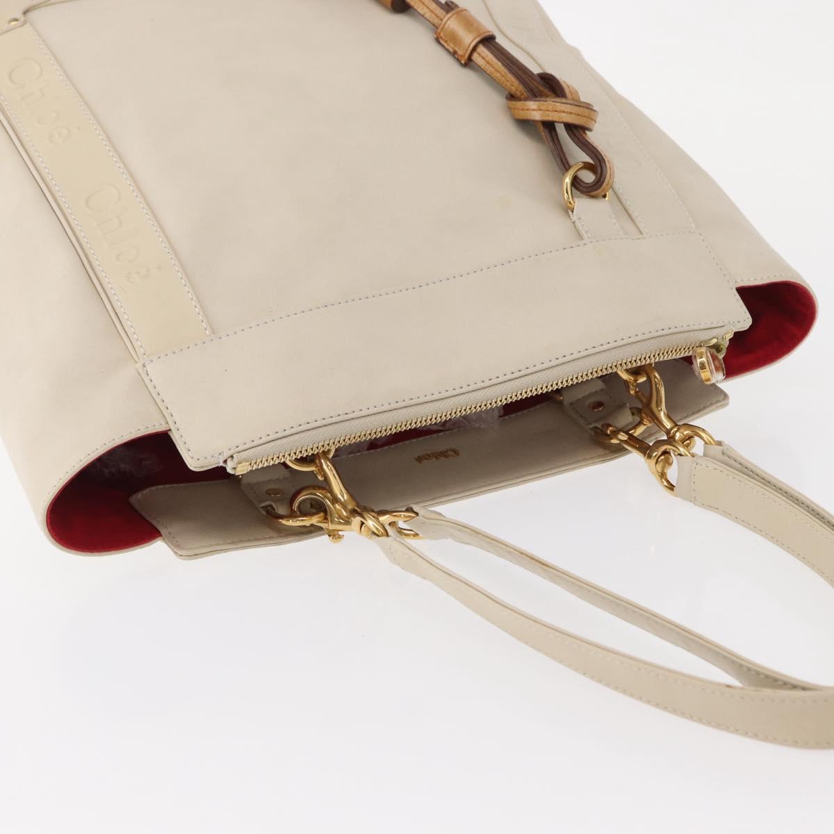 Chloe Eden Tote Bag Leather White Gold Auth th6490