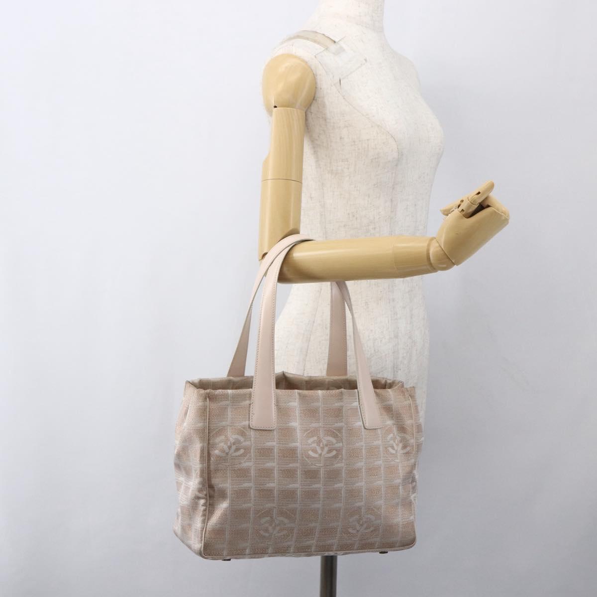 CHANEL New Travel Line Tote Bag Nylon Beige Silver CC Auth th6582