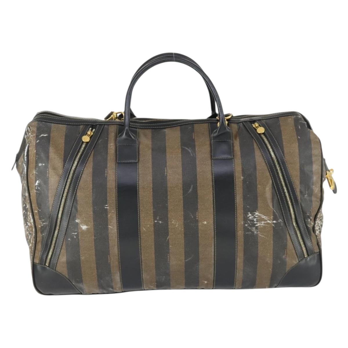 FENDI Pecan Canvas Boston Bag Nylon 2way Black Brown gold Auth th6585