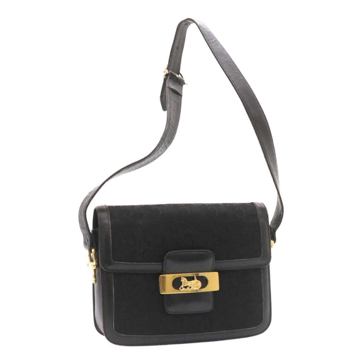 CELINE C Macadam Horse Carriage Shoulder Bag Canvas Black Gold Auth am1471g