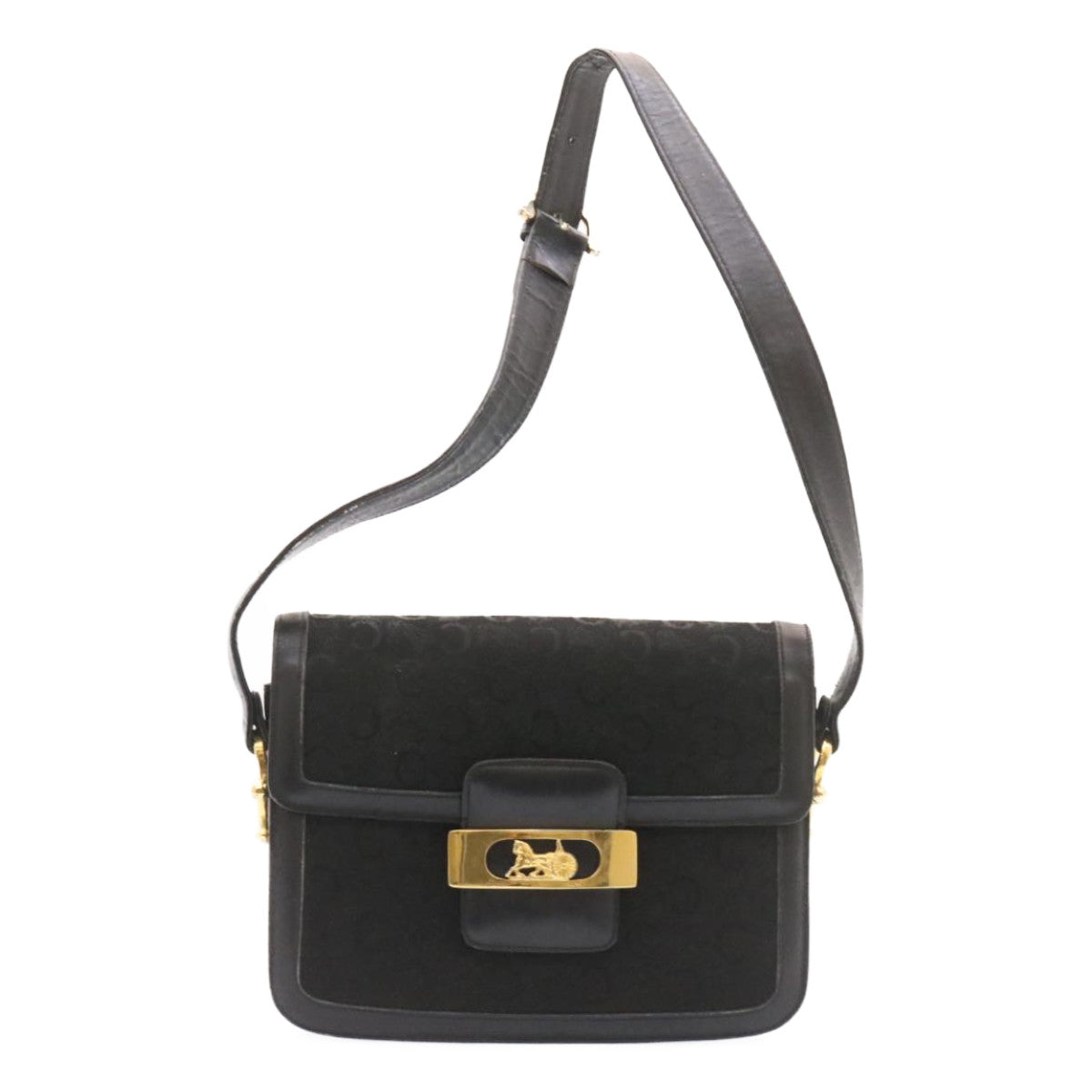 CELINE C Macadam Horse Carriage Shoulder Bag Canvas Black Gold Auth am1471g