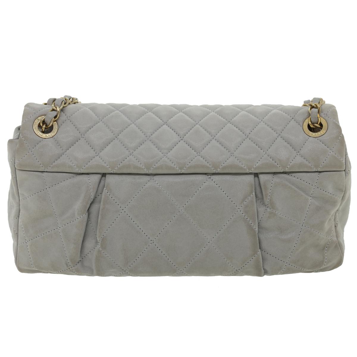 CHANEL Lamb Skin Matelasse Double Chain Shoulder Bag Gray CC Auth am1097gV