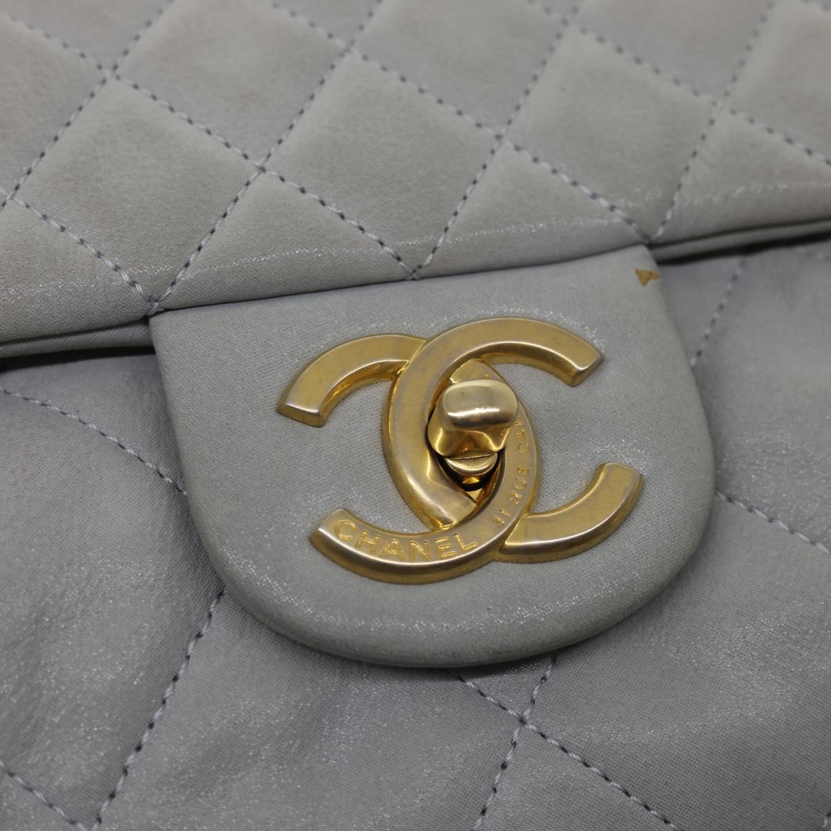 CHANEL Lamb Skin Matelasse Double Chain Shoulder Bag Gray CC Auth am1097gV