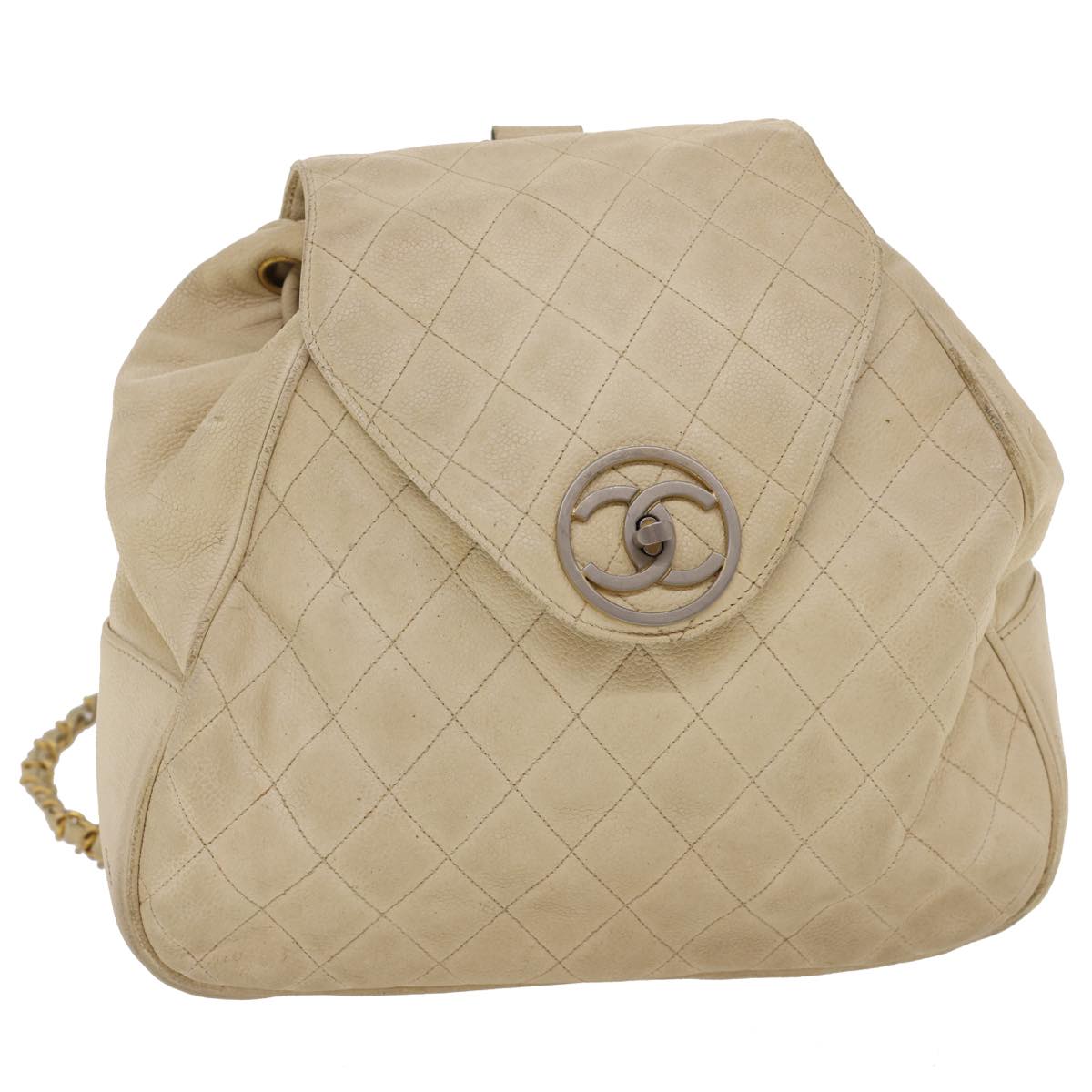 CHANEL Caviar Skin Matelasse Backpack White CC Auth am1922gA