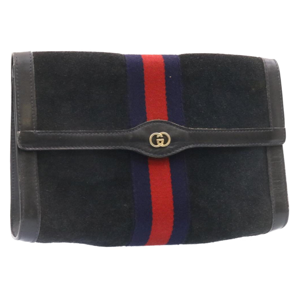 GUCCI PARFUMS Sherry Line Clutch Bag Suede Black Red Navy Auth am1160s