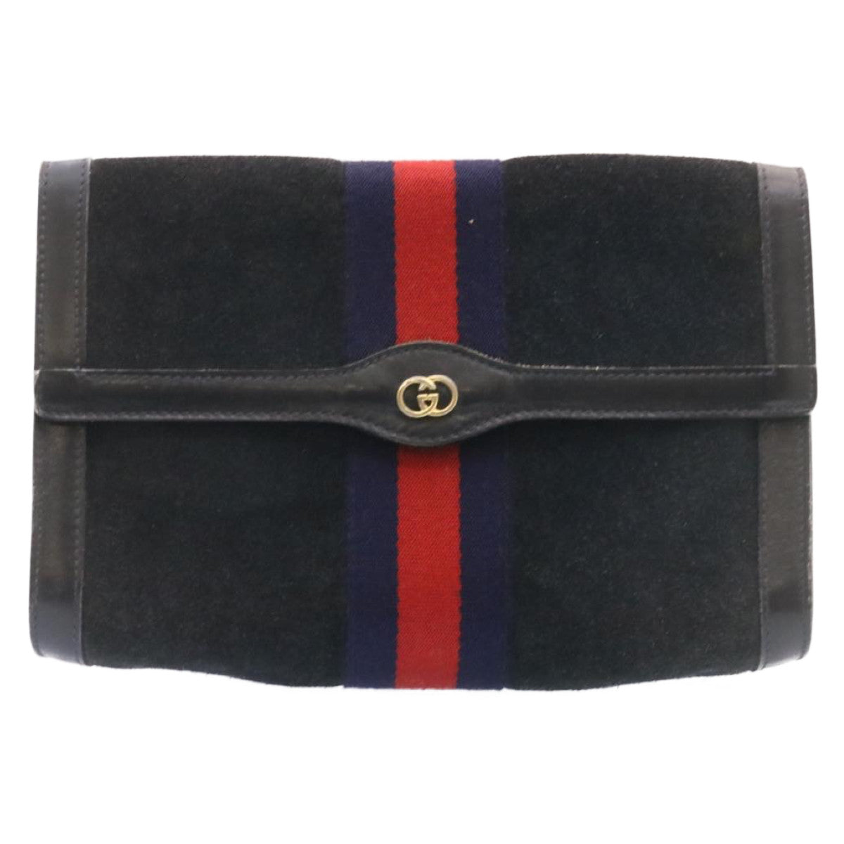 GUCCI PARFUMS Sherry Line Clutch Bag Suede Black Red Navy Auth am1160s