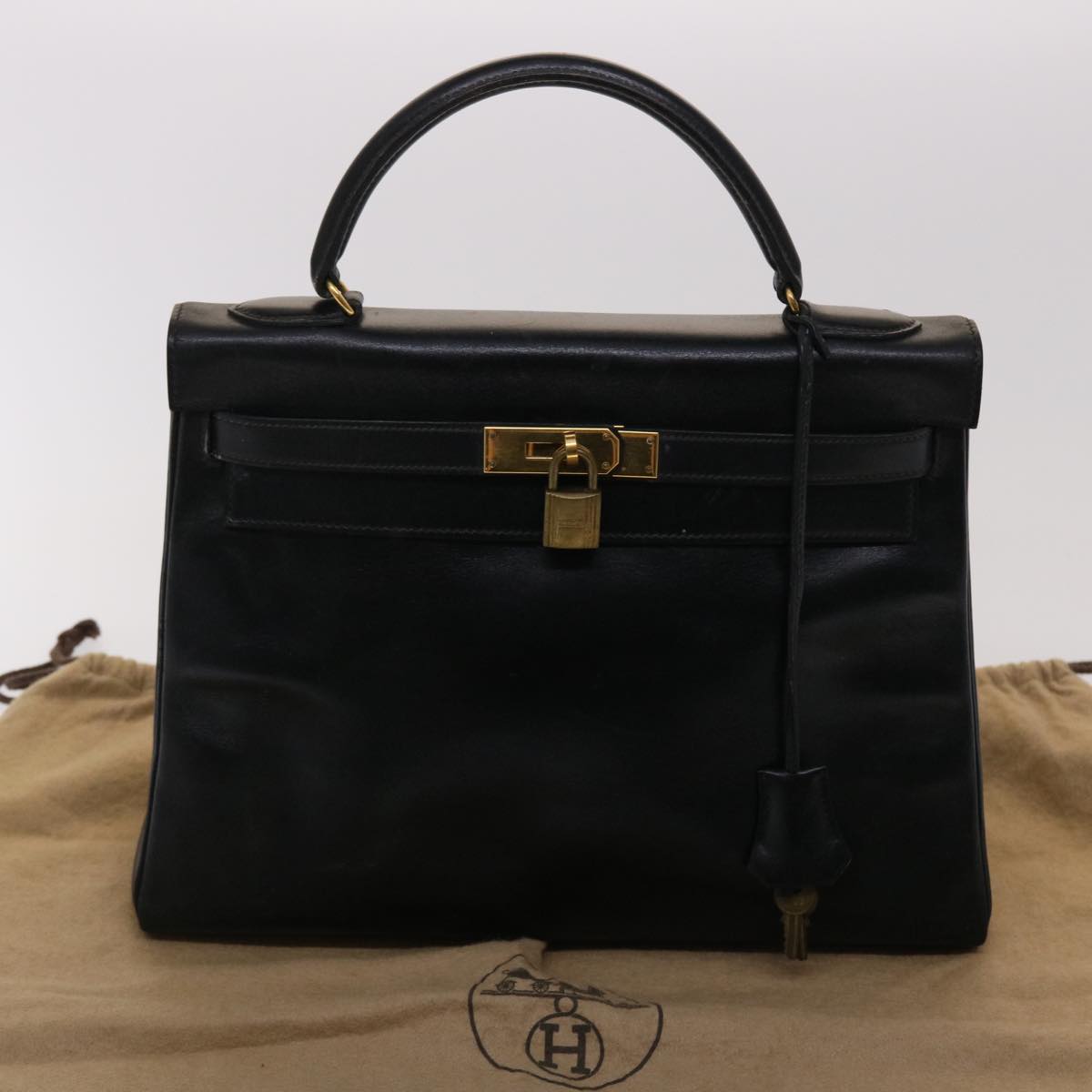 HERMES Kelly 32 Hand Bag Leather Black Auth ni110A