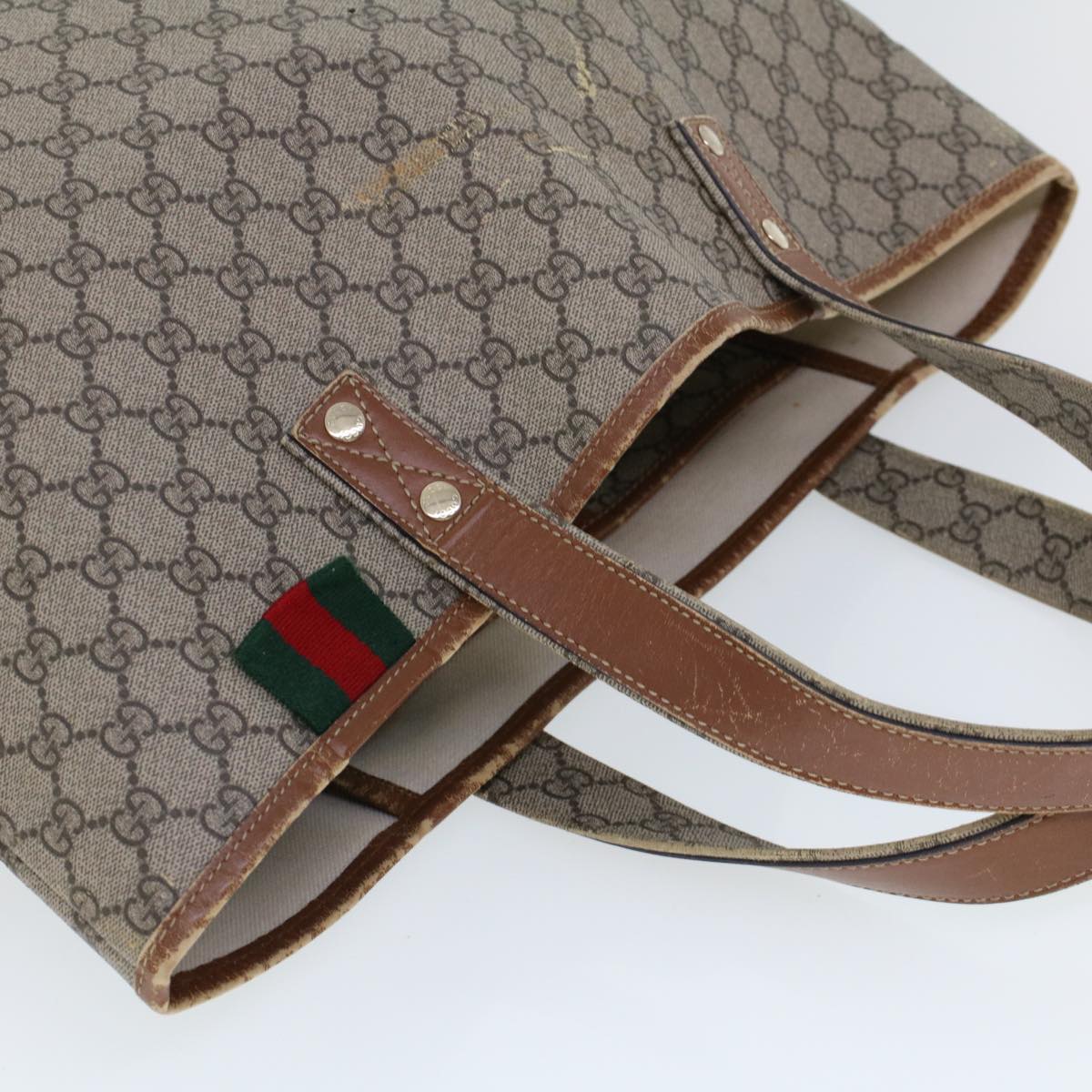 GUCCI GG Canvas Web Sherry Line Hand Bag PVC Leather Beige Red 211134 Auth 41684