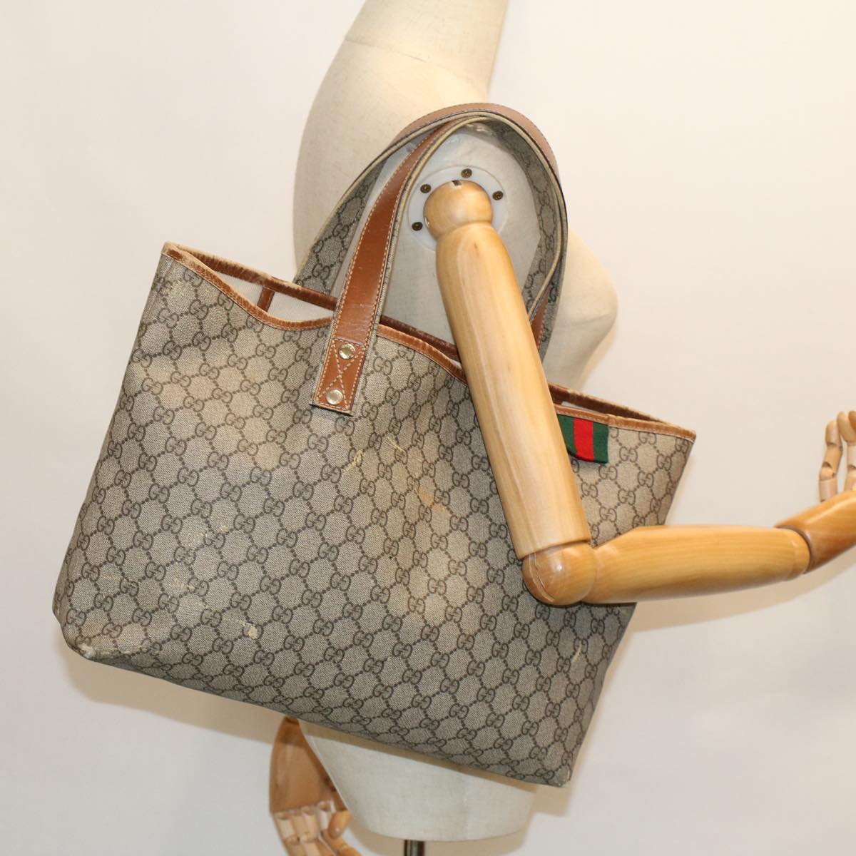 GUCCI GG Canvas Web Sherry Line Hand Bag PVC Leather Beige Red 211134 Auth 41684