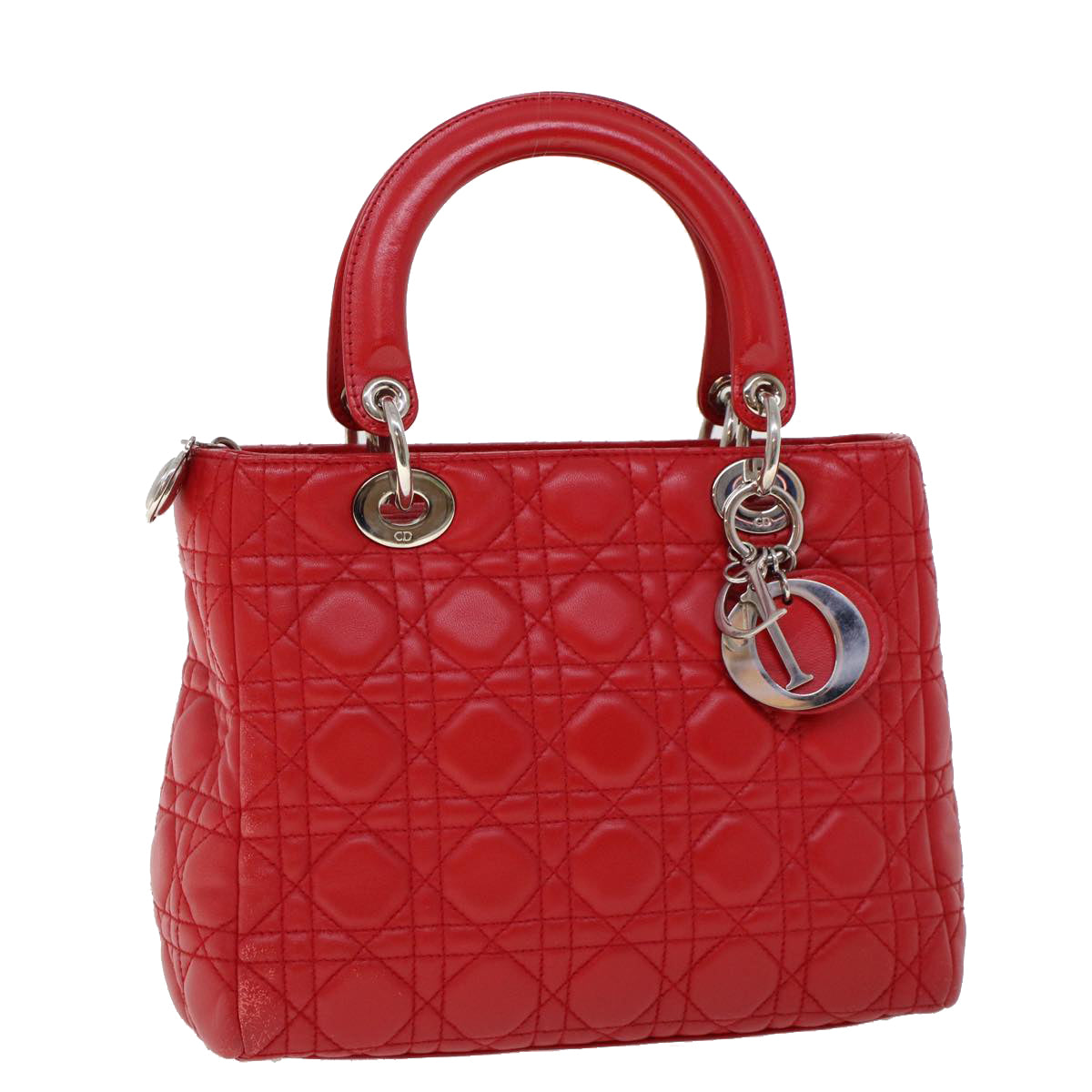 Christian Dior Lady Dior Canage Hand Bag Lamb Skin Red Auth 32628A