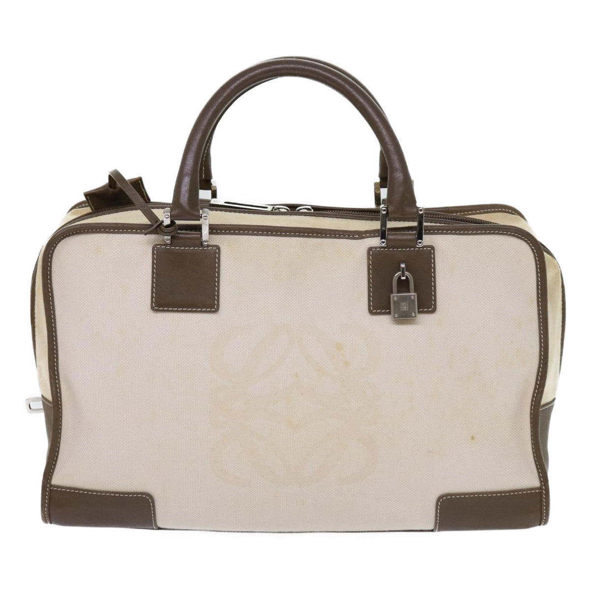 LOEWE Boston Bag Canvas Leather White Auth ep1340