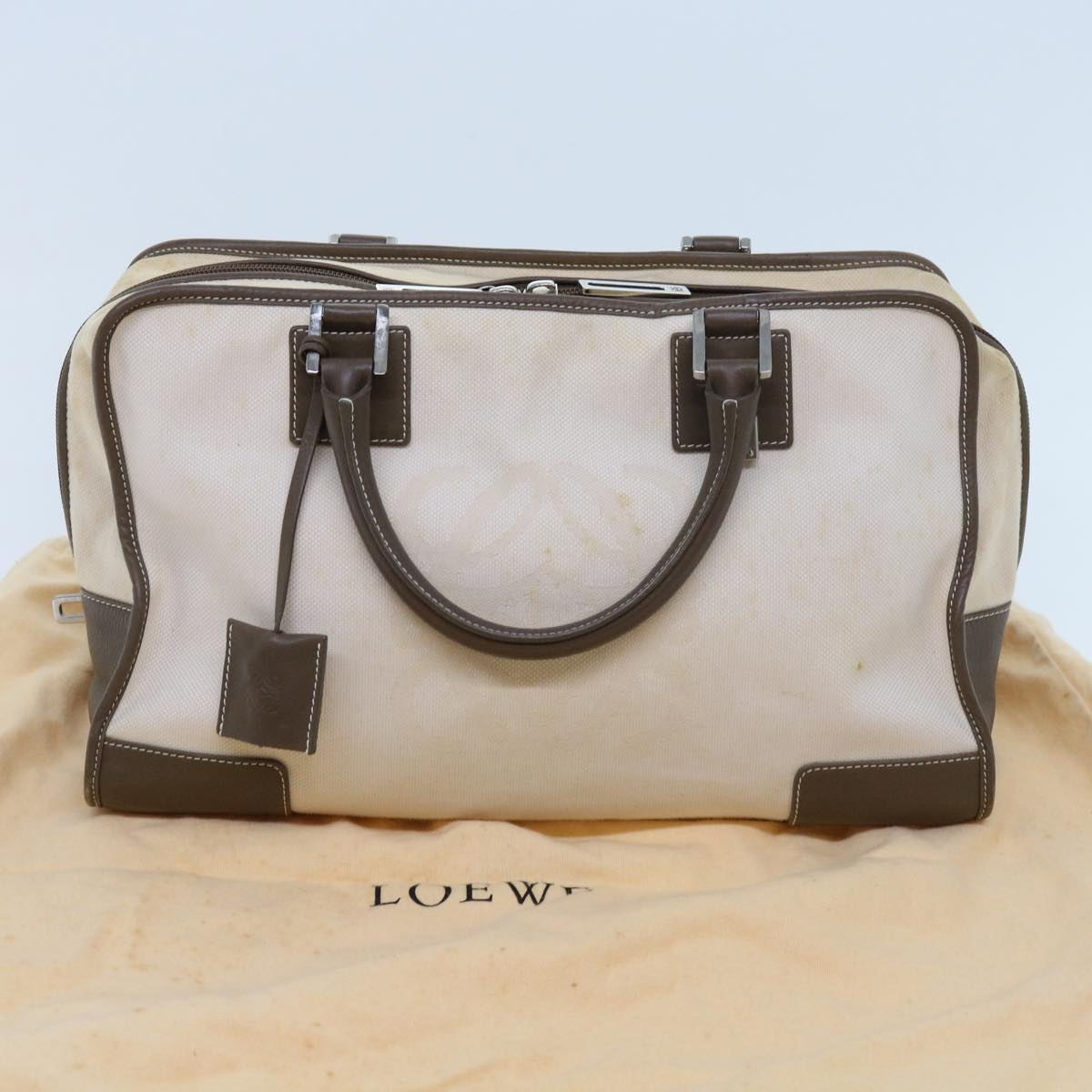 LOEWE Boston Bag Canvas Leather White Auth ep1340