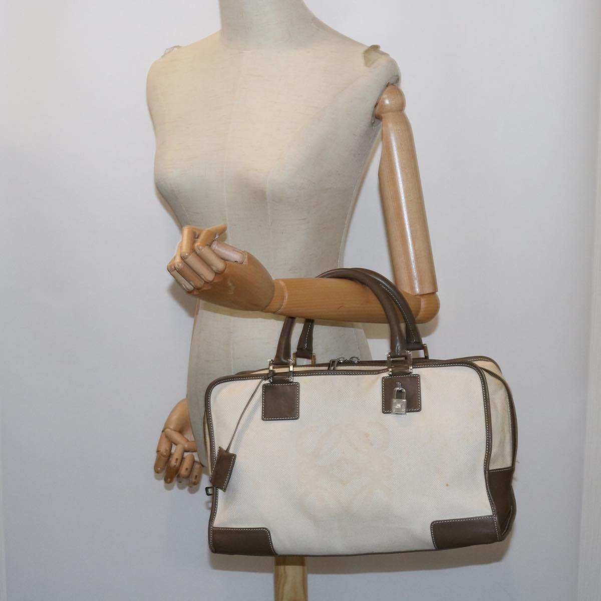 LOEWE Boston Bag Canvas Leather White Auth ep1340