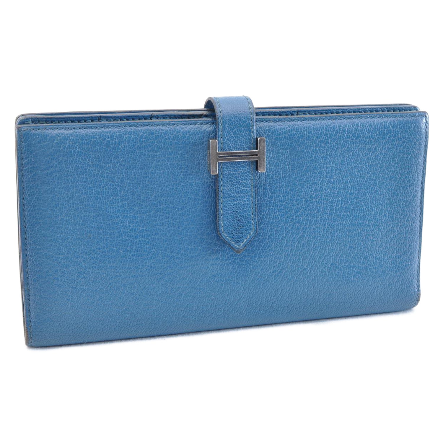 HERMES Bean Long Wallet Leather Blue Auth mt026