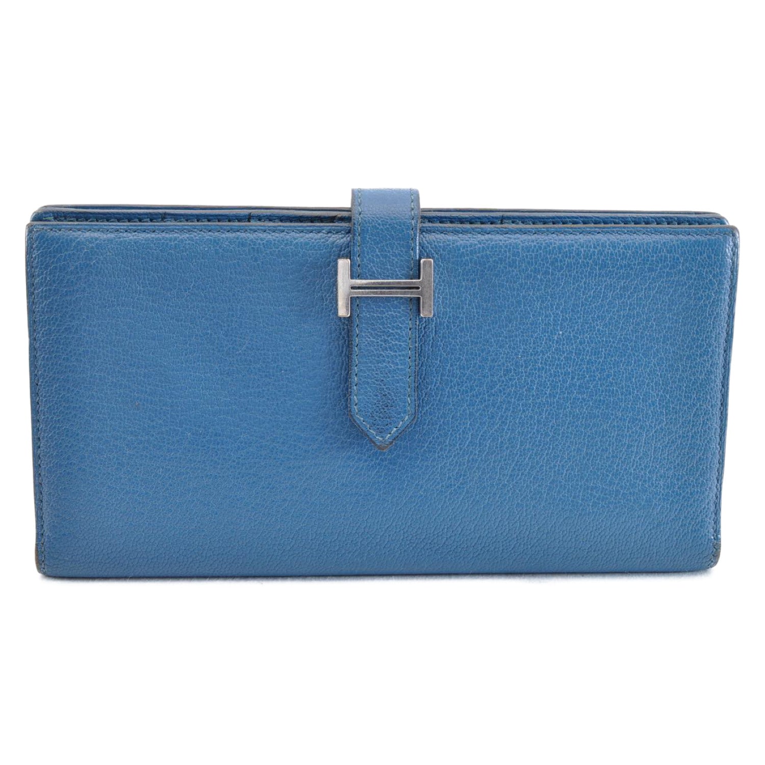 HERMES Bean Long Wallet Leather Blue Auth mt026