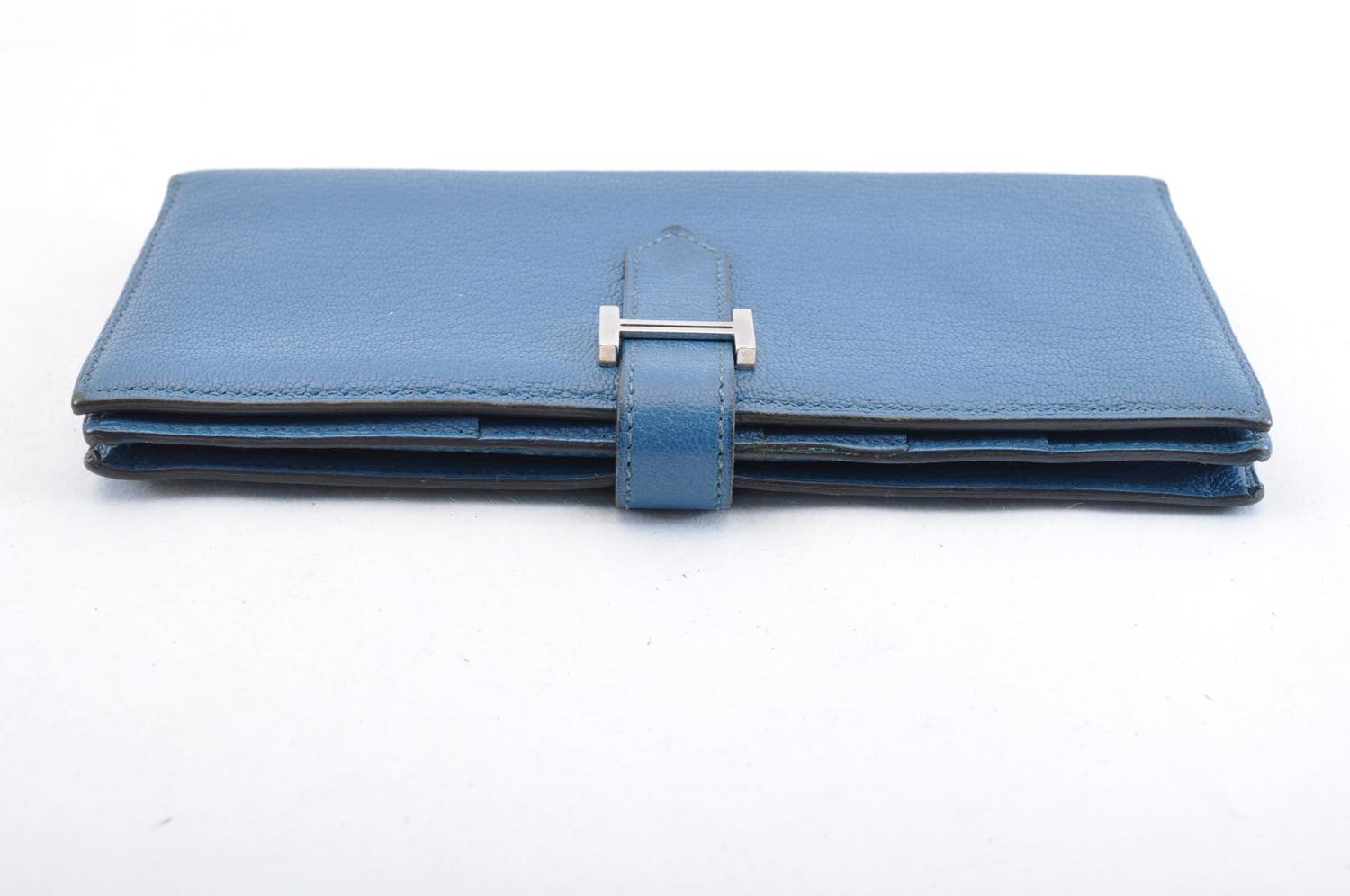 HERMES Bean Long Wallet Leather Blue Auth mt026