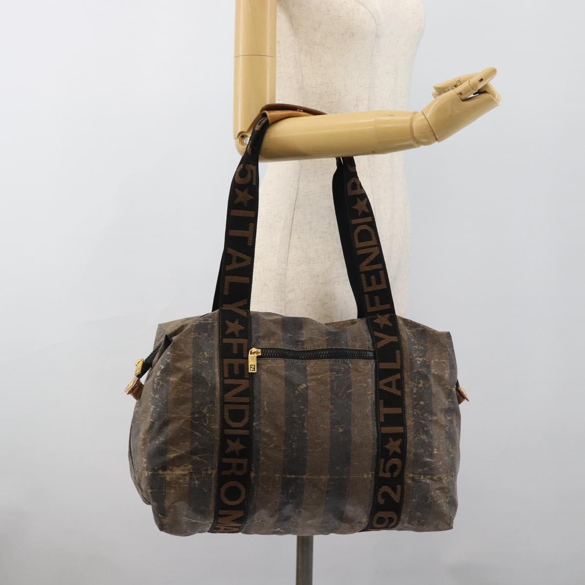 FENDI Pecan Canvas Pouch Shoulder Bag Coated Canvas 2Set Brown Black Auth ti1034