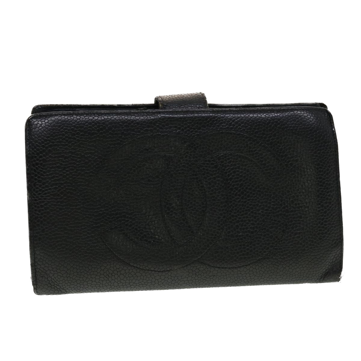 CHANEL Long Wallet Caviar Skin Black CC Auth ti1128