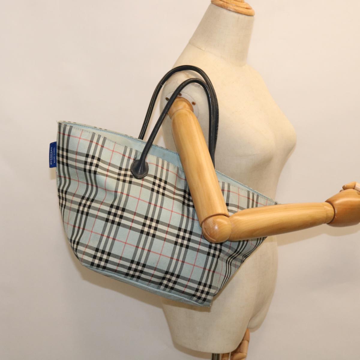 BURBERRY Nova Check Blue Label Hand Bag Nylon Light Blue Black Auth ti1229