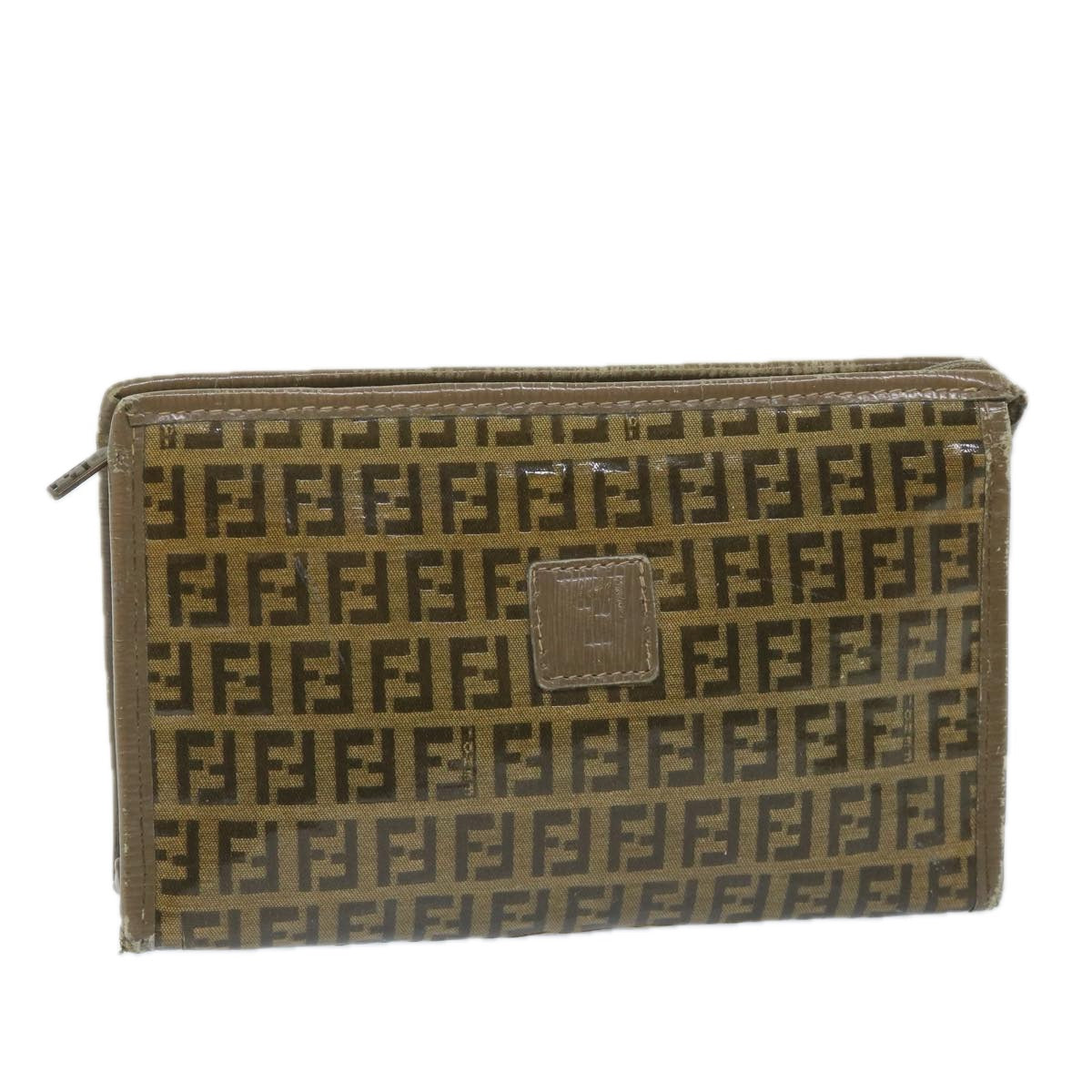 FENDI Zucchino Canvas Clutch Bag Coated Canvas Brown Auth ti1272