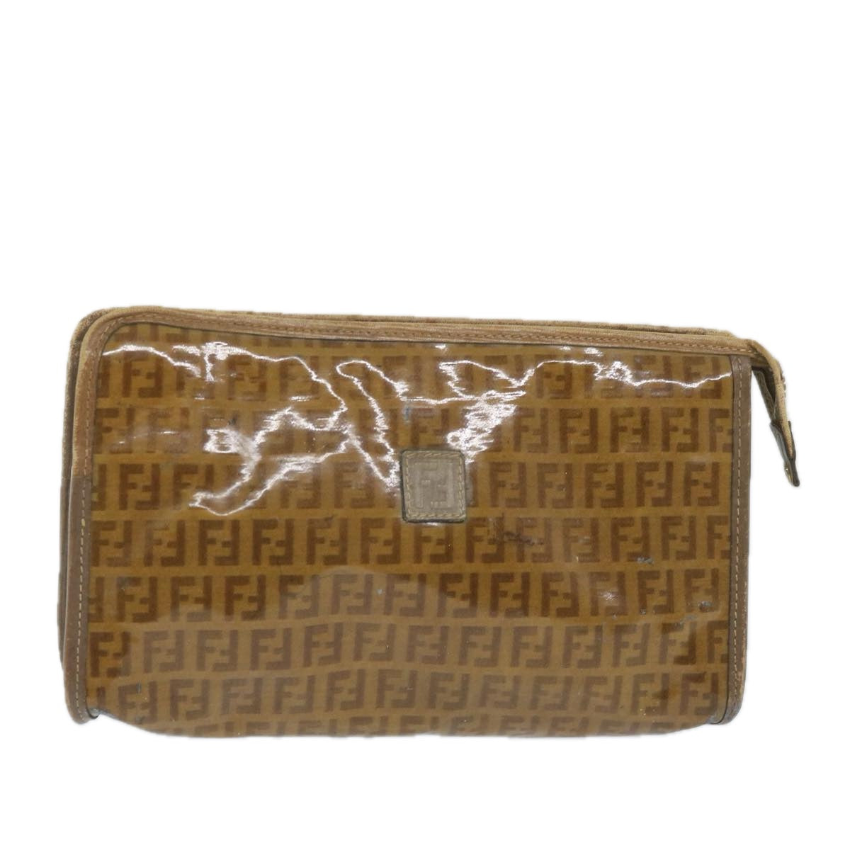 FENDI Zucchino Canvas Clutch Bag Coated Canvas Brown Auth ti1273