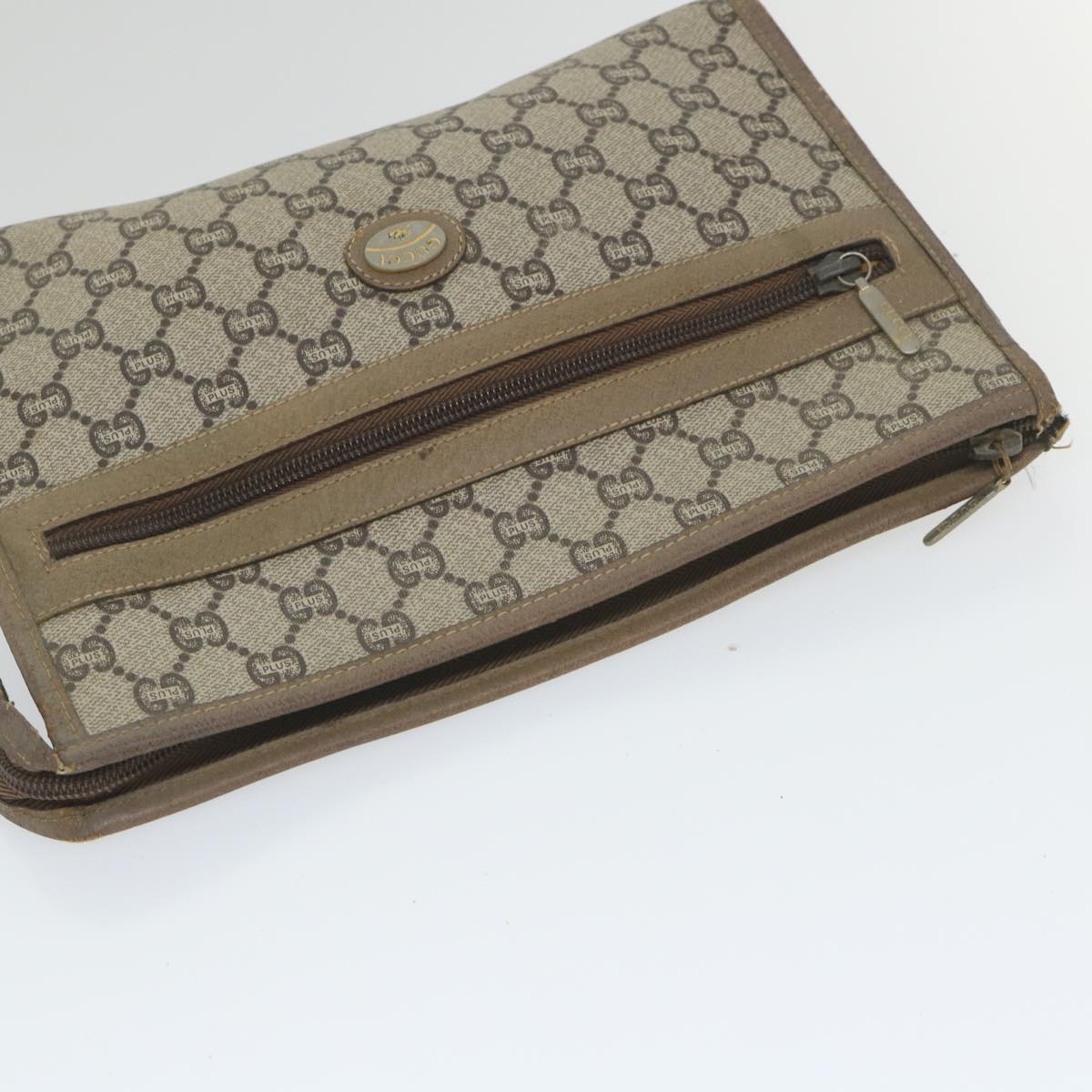 GUCCI GG PLUS Canvas Clutch Bag PVC Leather 2Set Beige Auth ti1279