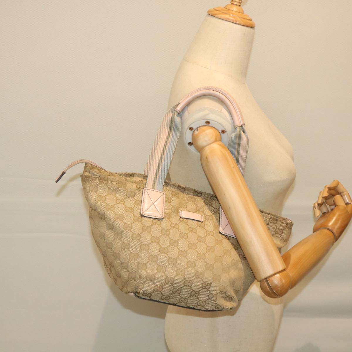 GUCCI GG Canvas Sherry Line Tote Bag Beige Pink blue 131228 Auth ti1284