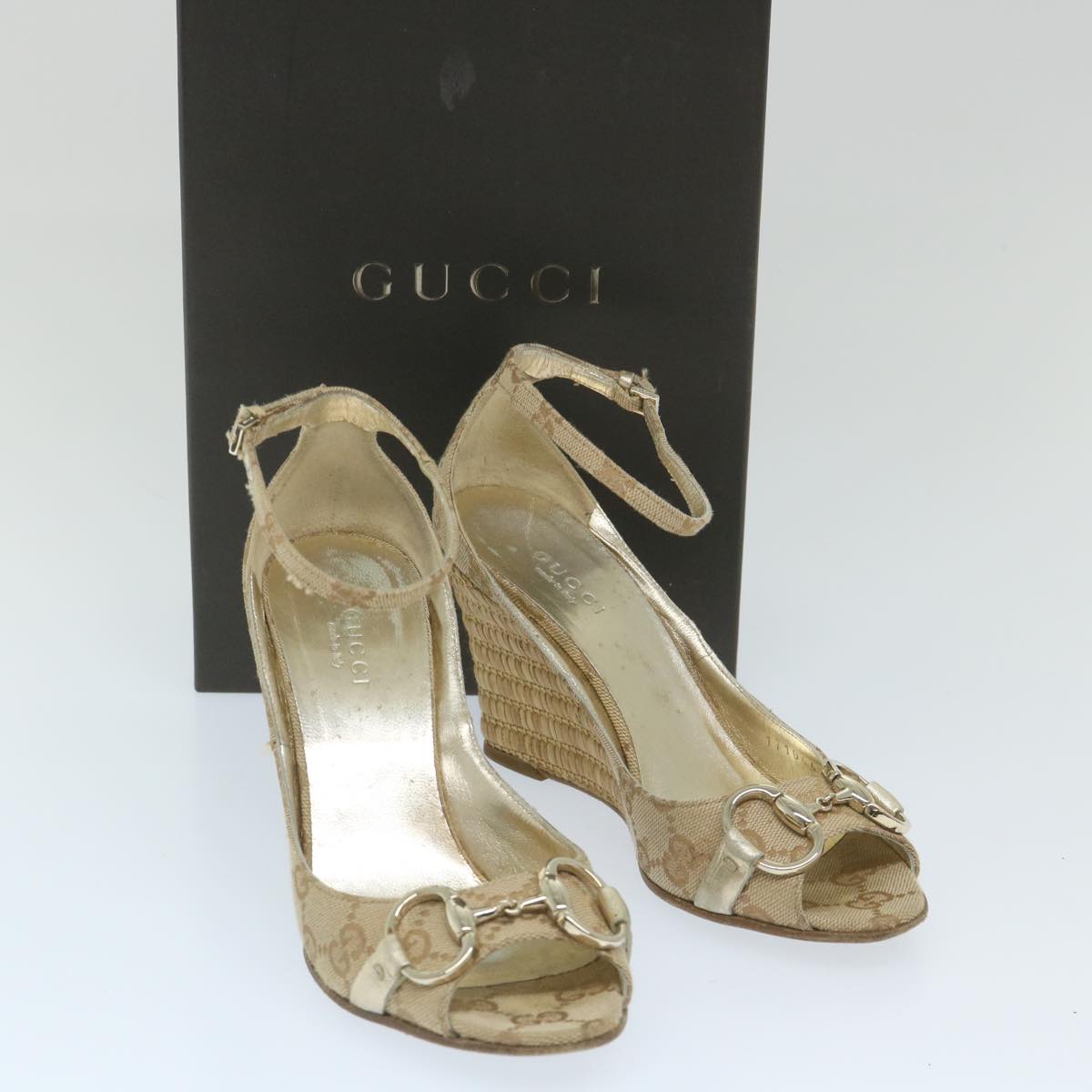 GUCCI GG Canvas High Heels 34C Beige Gold Auth ti1313