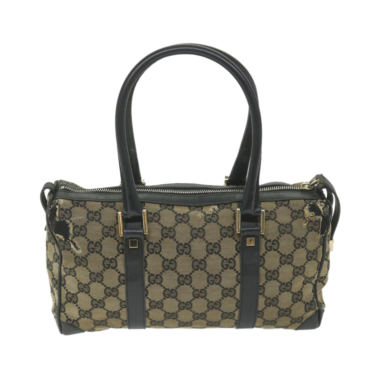 GUCCI GG Canvas Boston Bag Beige Navy 000 0851 Auth ti1365