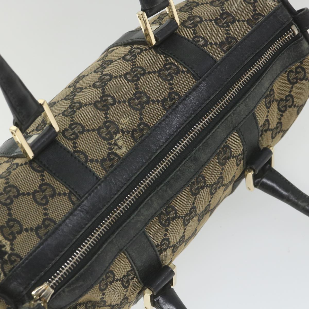 GUCCI GG Canvas Boston Bag Beige Navy 000 0851 Auth ti1365