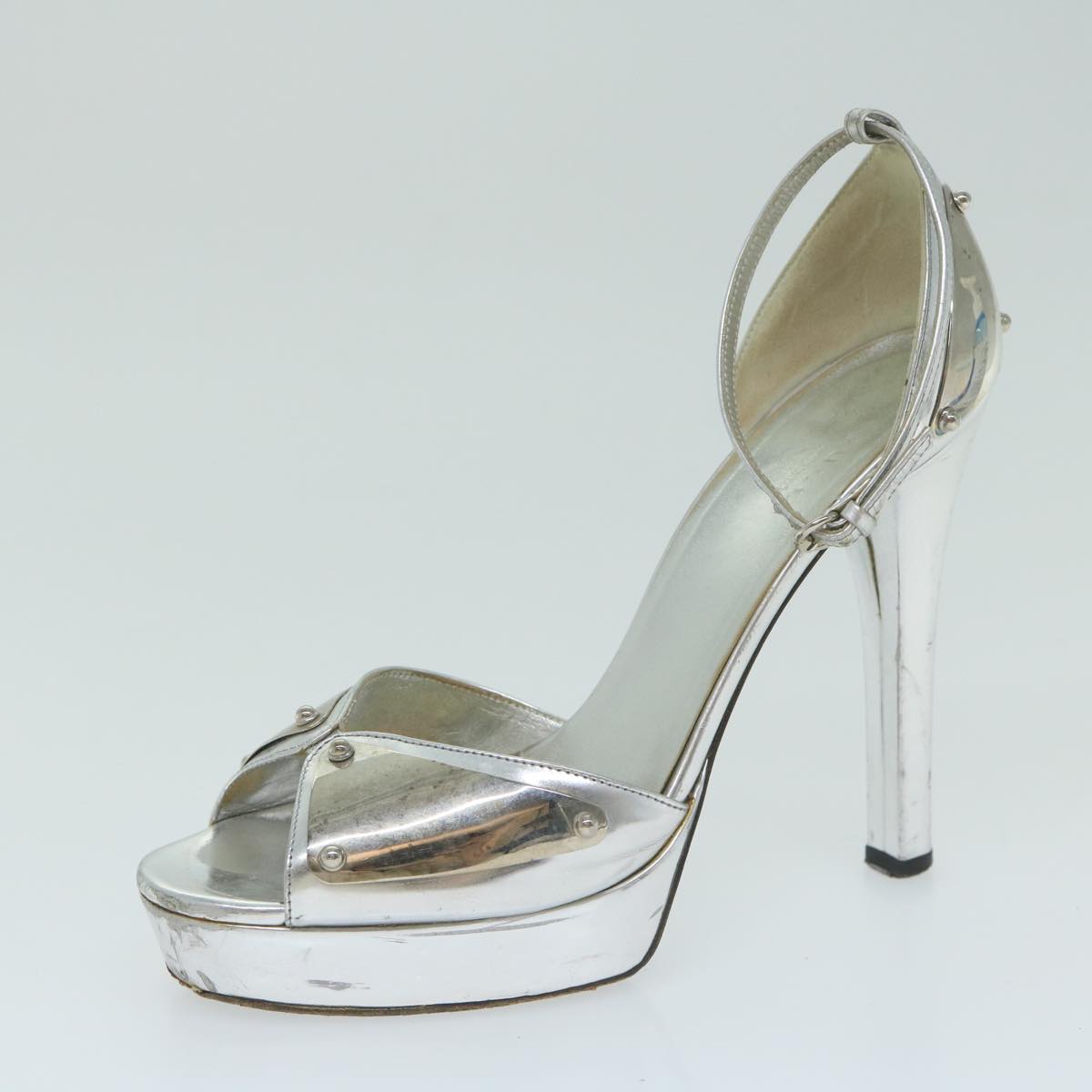 GUCCI High Heels Leather Metal 37.5 Silver Auth ti1486