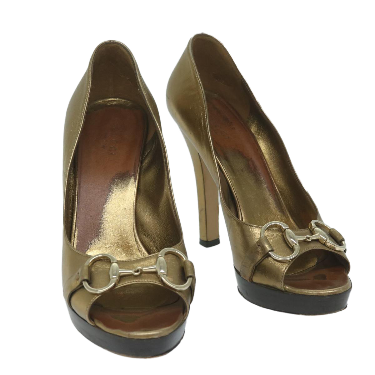 GUCCI High Heels Leather 37 Gold Tone Auth ti1487