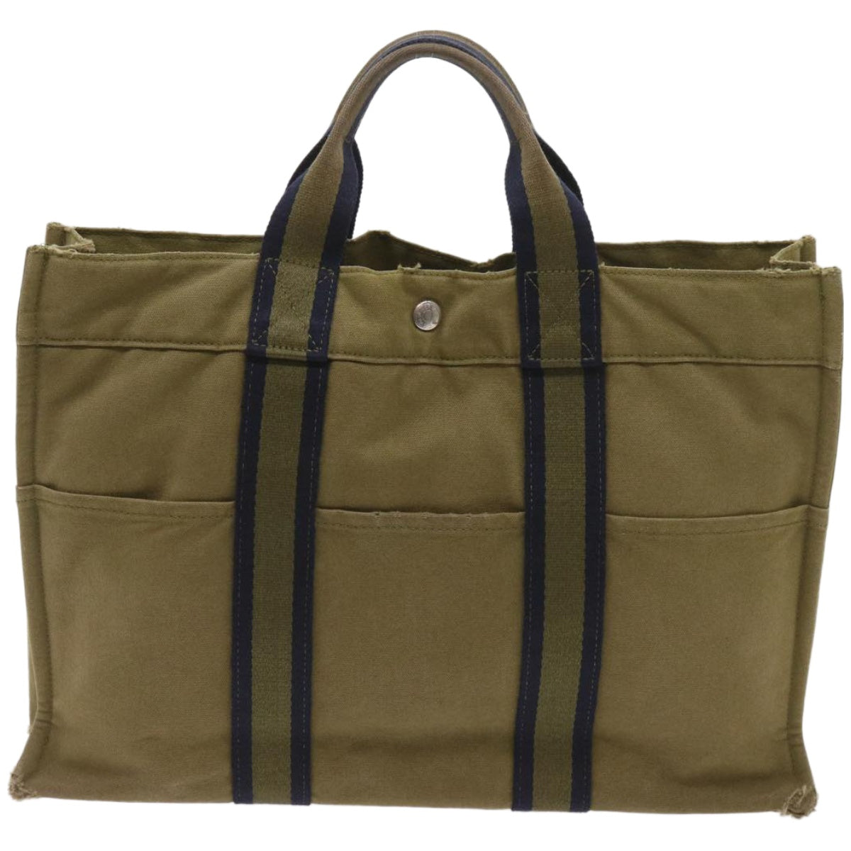 HERMES Fourre Tout MM Hand Bag Canvas Khaki Navy Auth ti1554